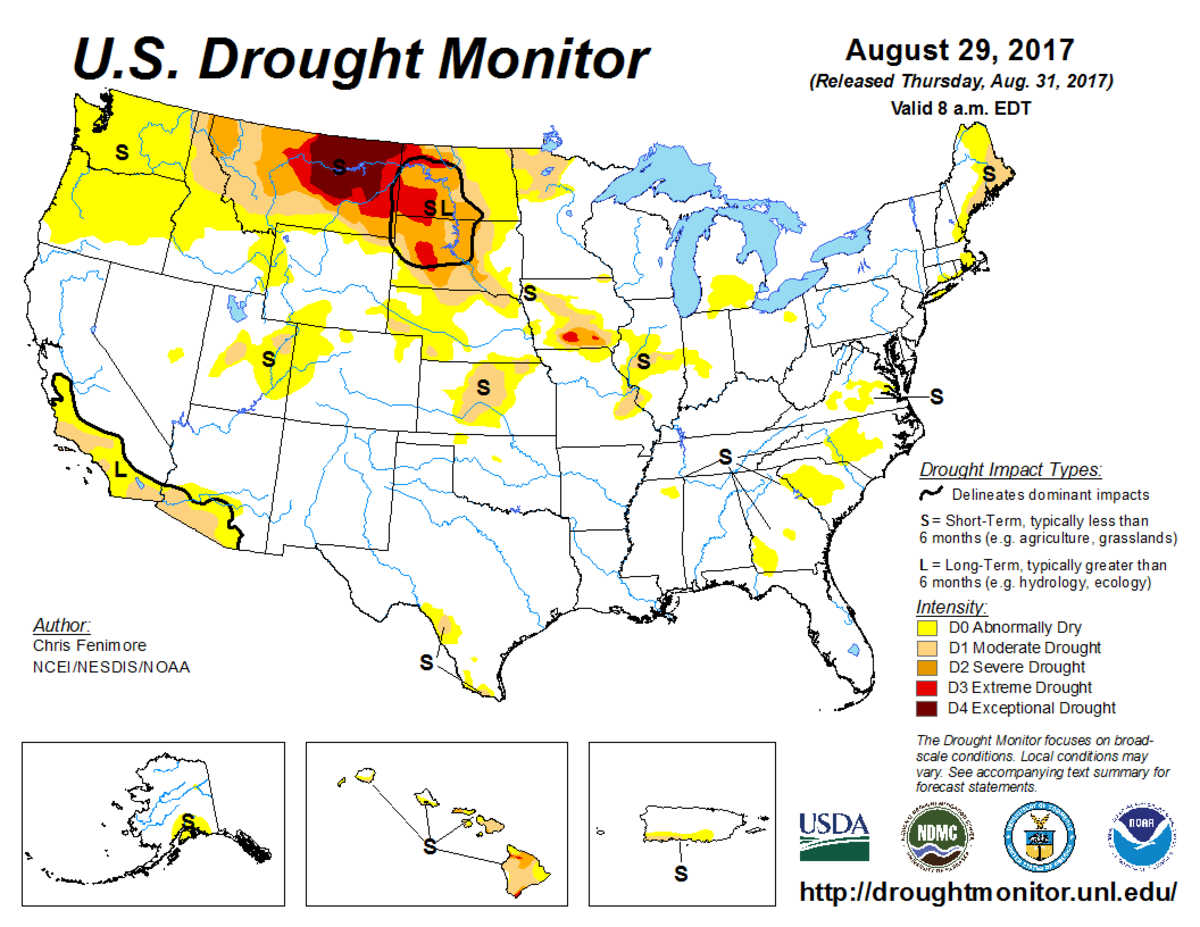 Map of U.S. drought conditions for August 29, 2017 Map of U.S. drought conditions for August 29, 2017