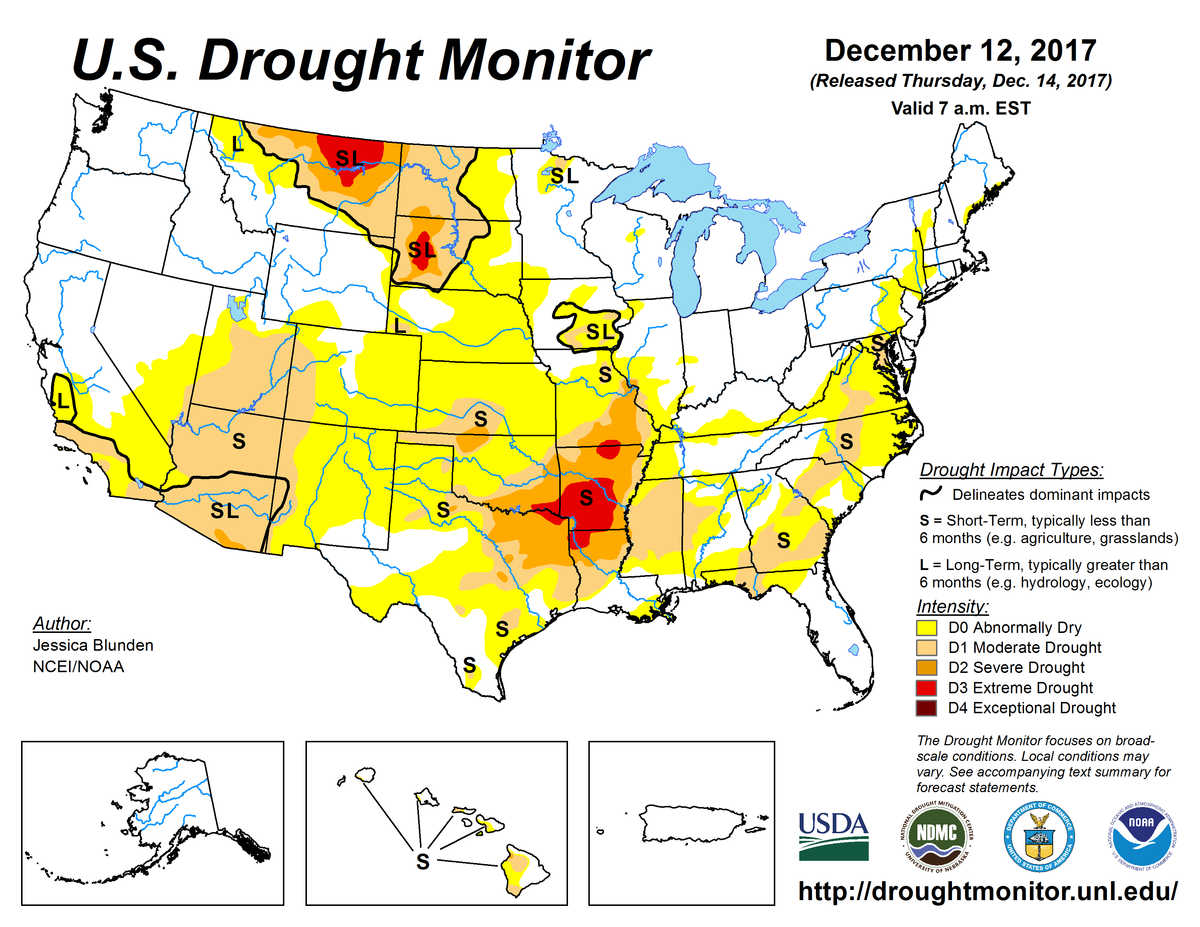 Map of U.S. drought conditions for December 12, 2017 Map of U.S. drought conditions for December 12, 2017