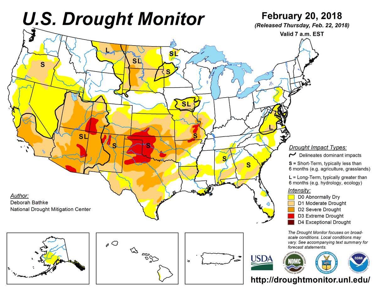 Map of U.S. drought conditions for February 20, 2018 Map of U.S. drought conditions for February 20, 2018