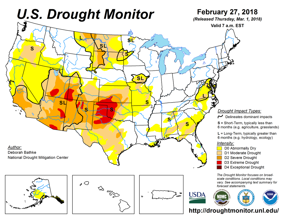 Map of U.S. drought conditions for February 27, 2018 Map of U.S. drought conditions for February 27, 2018