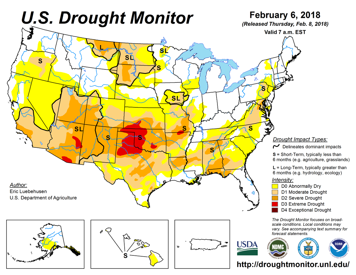 Map of U.S. drought conditions for February 6, 2018 Map of U.S. drought conditions for February 6, 2018