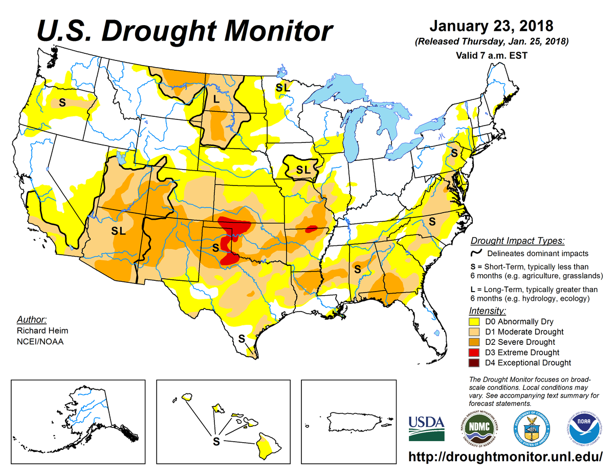 Map of U.S. drought conditions for January 23, 2018 Map of U.S. drought conditions for January 23, 2018