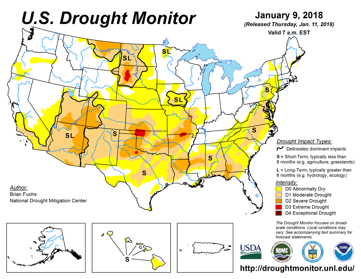 Map of U.S. drought conditions for January 9, 2018. Map of U.S. drought conditions for January 9, 2018.