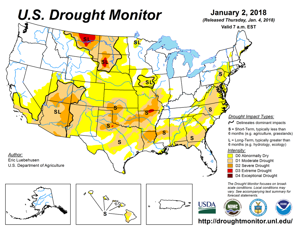 Map of U.S. drought conditions for January 2, 2018 Map of U.S. drought conditions for January 2, 2018