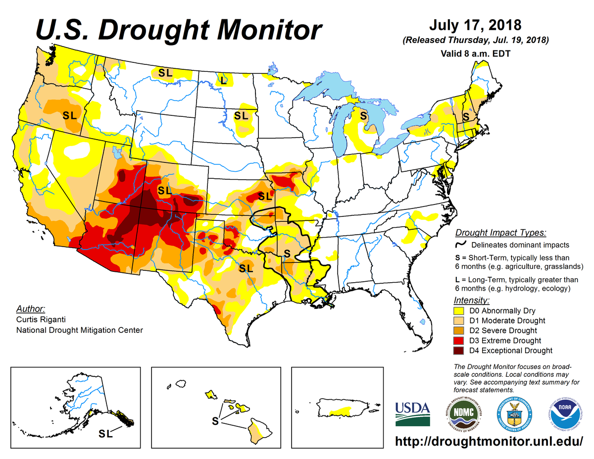 Map of U.S. drought conditions for July 17, 2018 Map of U.S. drought conditions for July 17, 2018