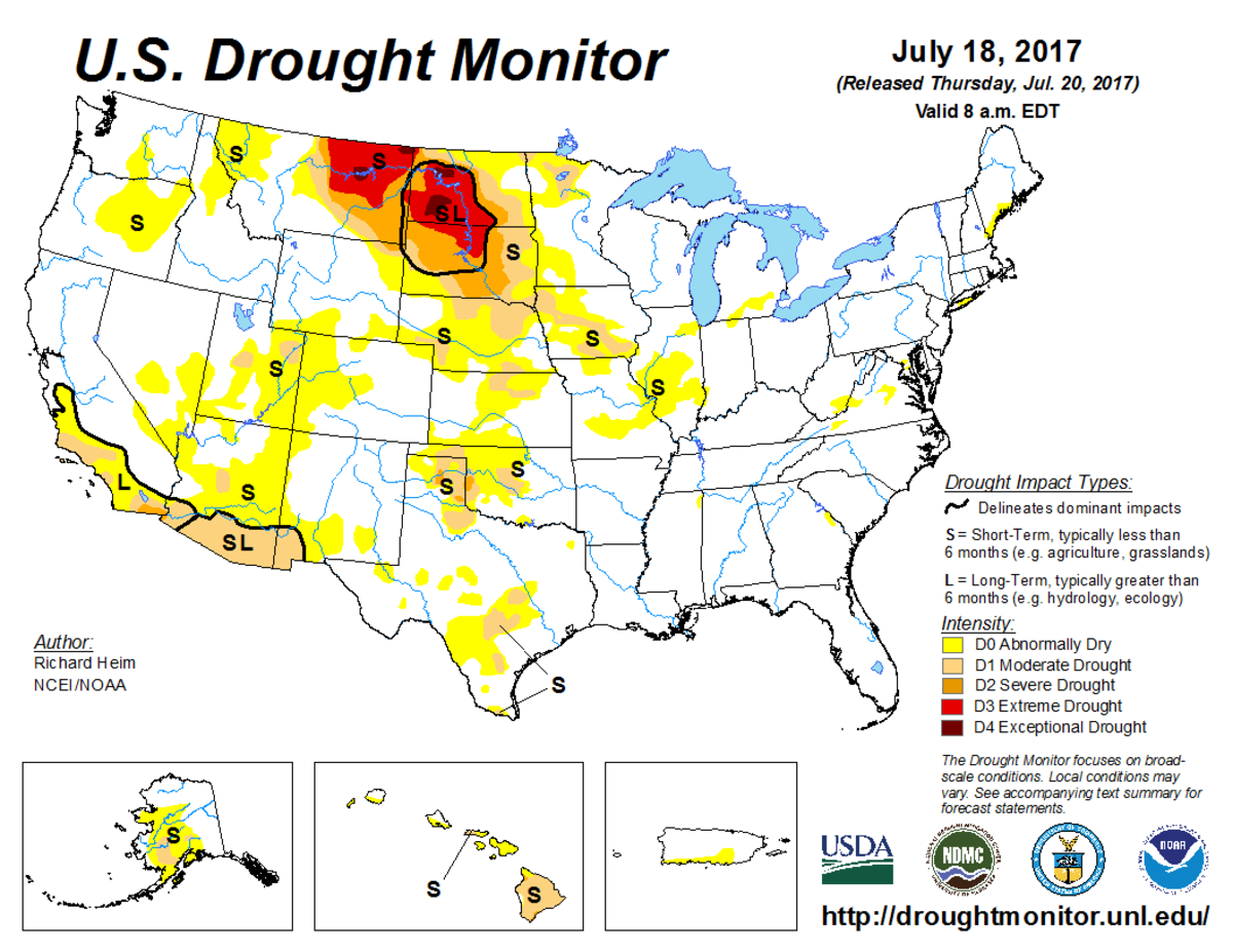 Map of U.S. drought conditions for July 18, 2017 Map of U.S. drought conditions for July 18, 2017