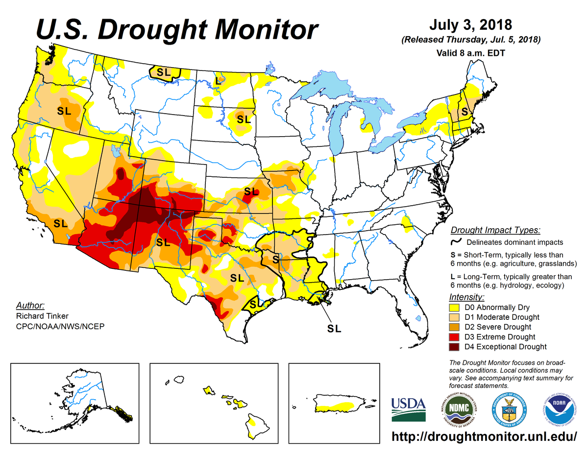Map of U.S. drought conditions for July 3, 2018 Map of U.S. drought conditions for July 3, 2018